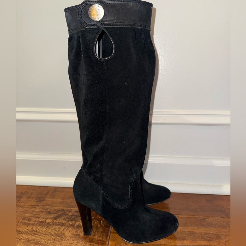 MICHAEL KORS MK Black SUEDE Harness SLOUCH High Heel DESIGNER Logo BOOTS 6.5
